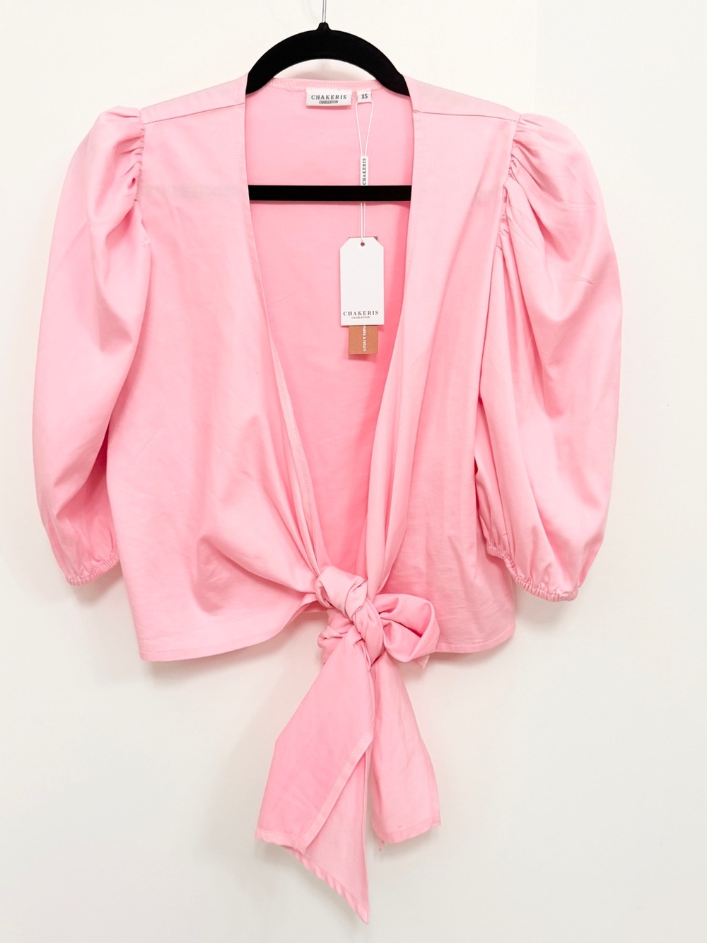 Chakris Pink Tie-Front Puff Sleeve Blouse